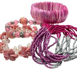 Bracelet Bundle Lot Of 4 Pink Shell Seed Beads Acrylic Glass Stretchy